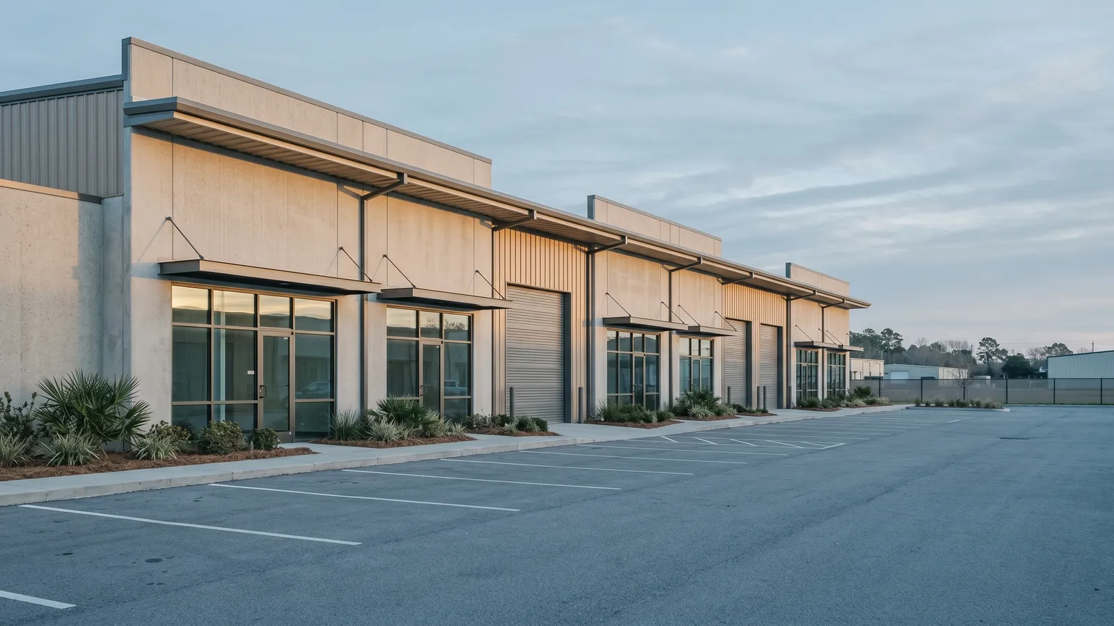 Multi-tenant flex and office-warehouse building with bay entrances