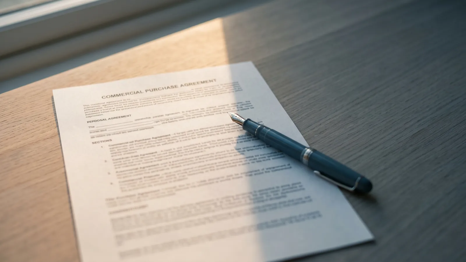 Hands reviewing a commercial purchase agreement on a workbench